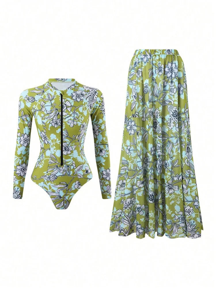 Vintage Green Leaves Print One Piece Swimsuit Long Skirt Sets Women Long Sleeve Zipper Slim Fit Bathing Suit Surf Swimwear 2026