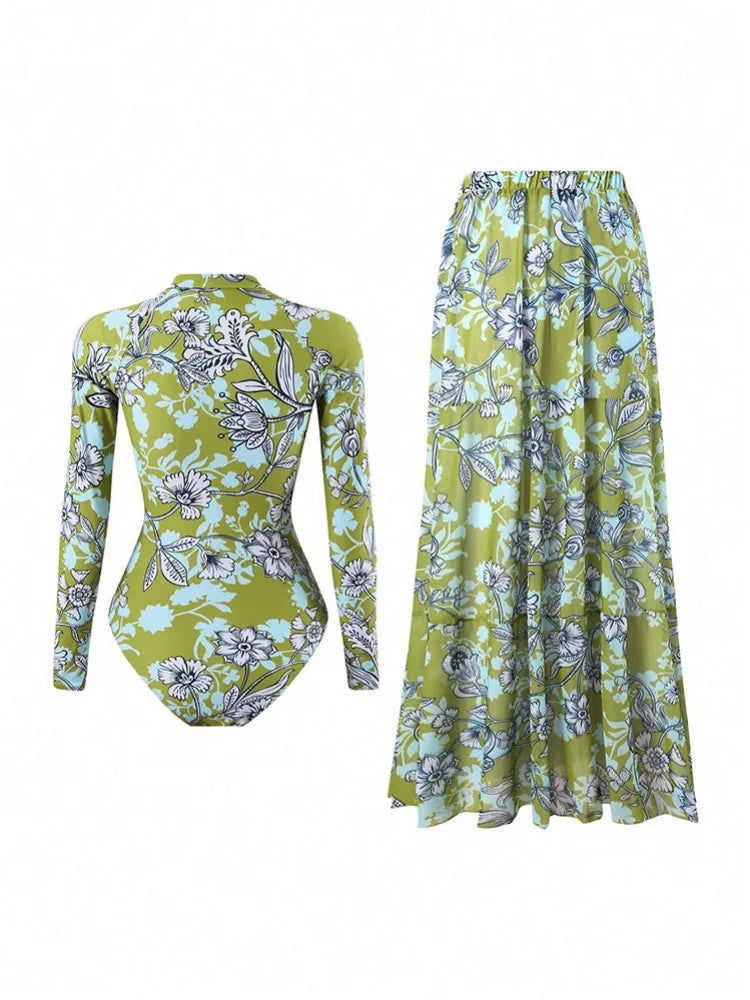 Vintage Green Leaves Print One Piece Swimsuit Long Skirt Sets Women Long Sleeve Zipper Slim Fit Bathing Suit Surf Swimwear 2026